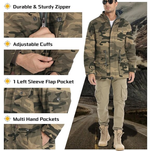 Mens Camo Thick Winter Jacket Hooded Fleece Lined Cotton Military Coat - Picture 4 of 6
